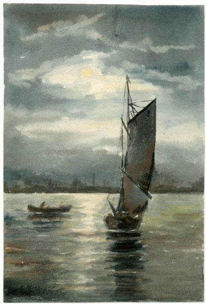Watercolor painting of a canoe and sailboat on Lake Mendota. In the background is the city skyline on the far shoreline.