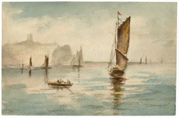 Watercolor painting of boats and sailboats on Lake Mendota, looking towards Maple Bluff, perhaps from Governor's Island or Rocky Roost.