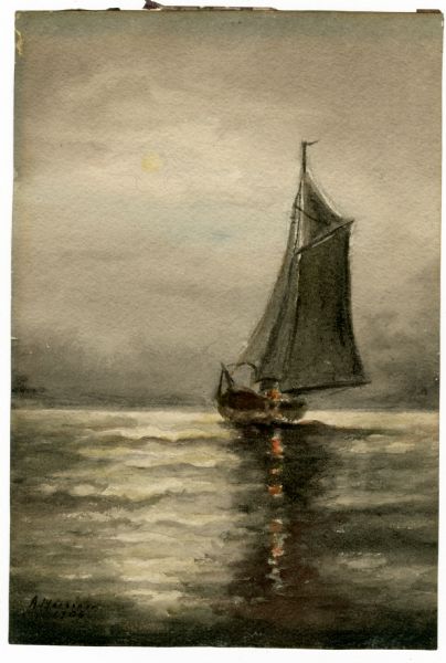 Watercolor painting of a sailboat on Lake Mendota.