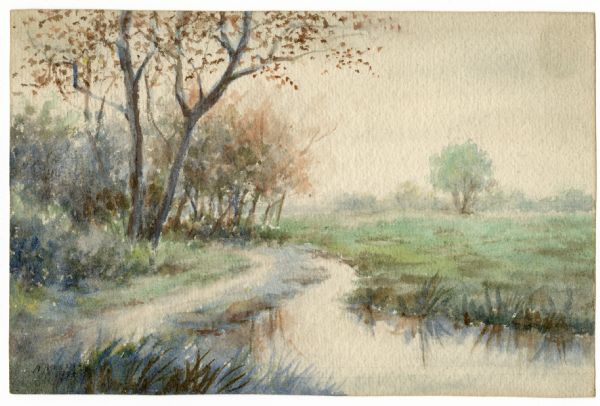 Watercolor painting of the Yahara River north of Lake Mendota. Trees are on the banks to the left with foliage throughout. A meadow is on the right.