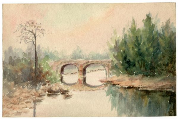 Watercolor painting of a bridge over a river, with pine trees on the right and a lone tree and foliage on the left.