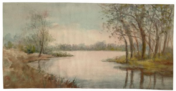 Watercolor painting of the Yahara River with trees and foliage on the banks. In the background trees line the far shore.
