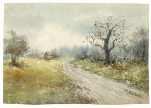 Watercolor painting of a country road with a small barn in the distance. Trees are on the right and left, and foliage covers the ground.<p>May be based on a Madison area scene, one family member had a farm east of Madison.</p>