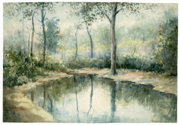 Watercolor painting of the Yahara River. Trees and foliage line the banks.