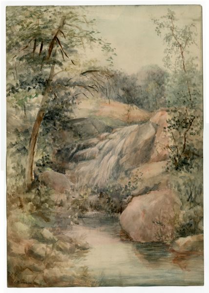 Watercolor painting of a cascade of water over boulders in a stream. Trees and foliage are growing on both sides.<p>The scene may be Madison Creek, west of Roxbury Village, north of highway 12. The family had Sauk City connections to The Cunradis, Free Thinkers and 48ers.</p>