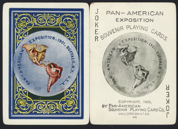 Souvenir playing card out of a full deck from the Pan-American Exposition. This card is the Joker, it features a black and white official logo for the Pan-American Exposition. On the reverse is the same logo in full color, with an ornate border.