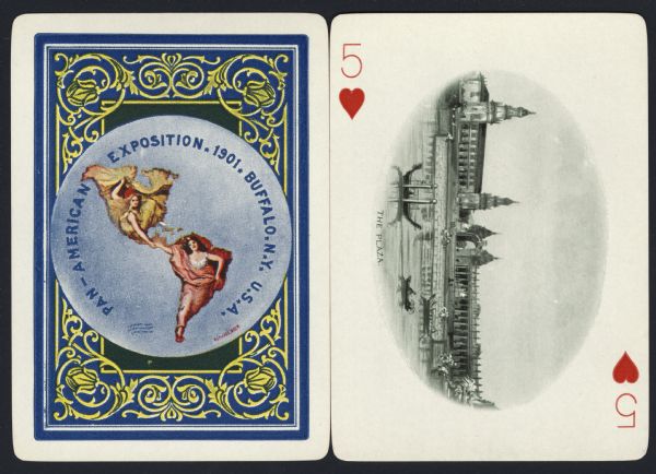 Souvenir playing card out of a full deck from the Pan-American Exposition. The Five of Hearts displays a drawing of "The Plaza," a two piece building with arches, alcoves and towers. A sea wall ends the front lawn. Several boats are in the water. Some people are sitting on the wall and others are strolling about the lawn. On the reverse is the official logo for the Pan-American Exposition in full color, with an ornate border.