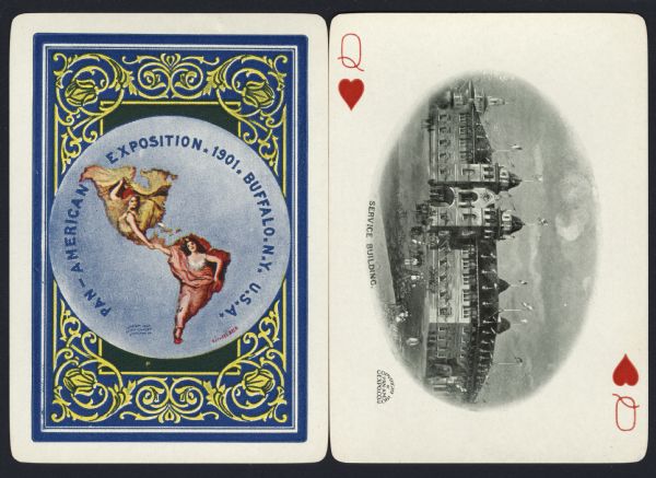 Souvenir playing card out of a full deck from the Pan-American Exposition. The Queen of Hearts displays a drawing of the "Service Building," a large castle like structure with towers and flags. Two towers frame the main door. In front of the main door is a grassy area with men and women in a line. On the reverse is the official logo for the Pan-American Exposition in full color, with an ornate border.