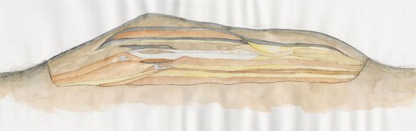 Watercolor of a Native American burial site. Reconstructed stratigraphy and cross-section representative of effigy mounds at the Kratz Creek Mound group.