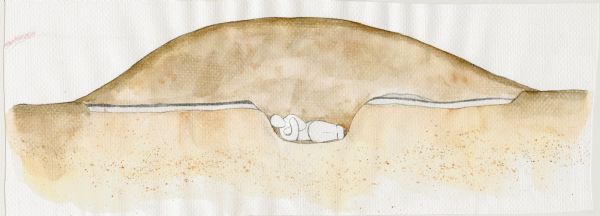 Watercolor of a Native American burial site. Reconstructed stratigraphy and cross-section representative of effigy mounds at the Kletzien Mound group.