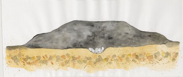 Watercolor of a Native American burial site. Reconstructed stratigraphy and cross-section representative of effigy mounds at the Nitschke Mound group.