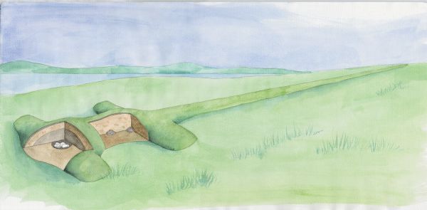 Watercolor of a Native American burial site. Generalized cross-section and stratigraphy of a typical Late Woodland effigy mound in Wisconsin.