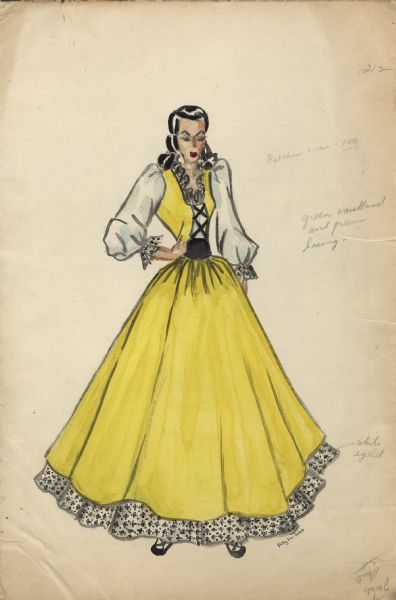 Sketch of an "Alice in Dairyland" costume for the 10-foot mechanical mannequin of Alice to be displayed at the Wisconsin Centennial Exposition. A contest was held for young people to design Alice's costume. It was won by Betty Lou Jahn, National Avenue, Milwaukee. The black waistband and lacing were changed to green. Miss Jahn's rationale for the dress colors: the yellow symbolized butter and cheese, the white suggested cream and milk, and the green represented the "lush pastures of Wisconsin — America's Dairyland."