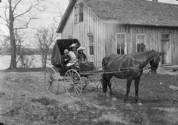 Group portrait of Christine Peterson and her two children, Laurie and Muriel, sitting in a buggy pulled by a single horse. In the background is a building on the shoreline of Silver Lake. The far shoreline is across the water.