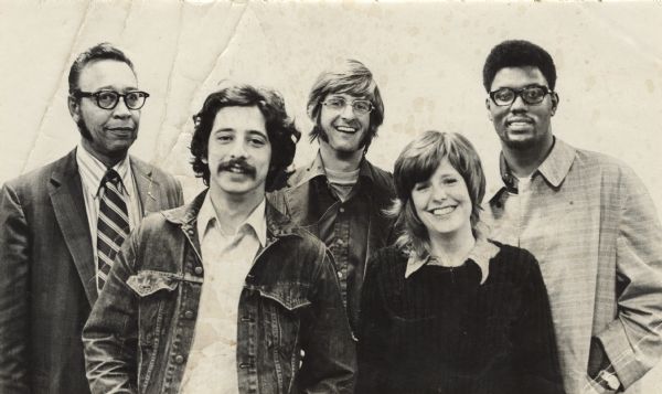 Group portrait of the Madison City Council. Names, (l to r), Joseph Thompson, Paul Soglin, Dennis McGilligan, Susan Kay Phillips, and Eugene Parks.