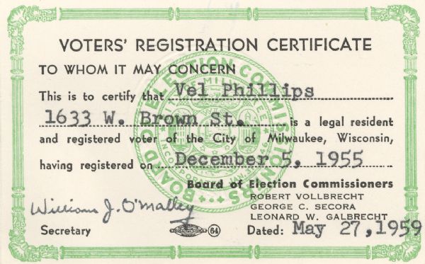 Vel Phillip's Voters' Registration Certificate.