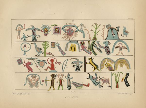 Meda Songs pictographs. Four rows of symbols including animals, human figures and plants.