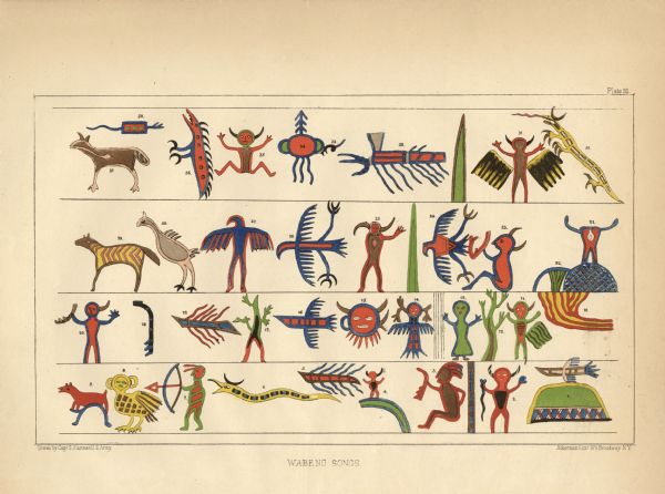 Webeno Songs pictographs. Four rows of symbols including animals, human figures and plants.