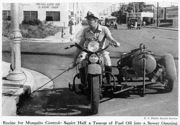 View from front of a man on a motorcycle squirting fuel oil into a sewer opening at a curb to control mosquitoes. The motorcycle has an oil tank attached like a sidecar. The man is at an intersection in a business district, with buildings, power poles, and signs in the background. Several automobiles are on the street and a woman is waiting on the far corner. On the opposite side of the street a man is riding a bicycle next to the curb. The caption below the image reads" "Recipe for Mosquito Control: Squirt Half a Teacup of Fuel Oil into a Sewer Opening."