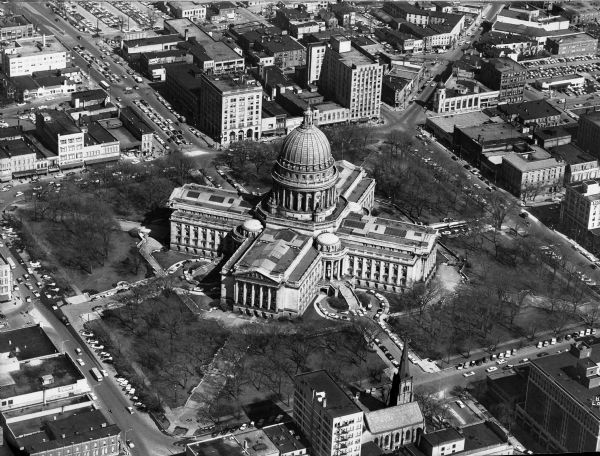 Aerial view of the Wisconsin State Capitol and Square.
