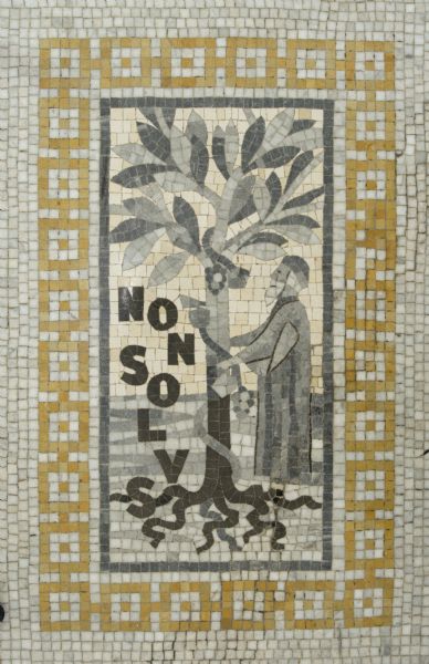 Mosaic in the north lobby floor of the Wisconsin Historical Society. The Elzivirs, Amsterdam printers in 1620, were known by this illustration of a hermit or sage next to an elm tree entwined with a grapevine, coupled with the motto "NON SOLUS" (not alone), which symbolized the companionship of learning and the preference of the wise for solitude.
