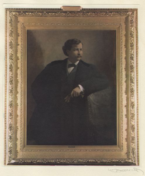 Digital reproduction of a framed oil painting of Hercules Dousman. He is leaning on the back of a chair, holding his gloves, and iis wearing a suit with an overcoat.