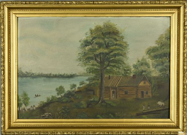 Painting of the Eben Peck cabin, the first house in Madison, was built in June, 1837. Text on back of art board: "Madison in June 1837." Painting likely based on 1869 painting by Mrs. E.E. Bailey, which itself had been based on the earlier recollections of pioneer settlers to Madison.