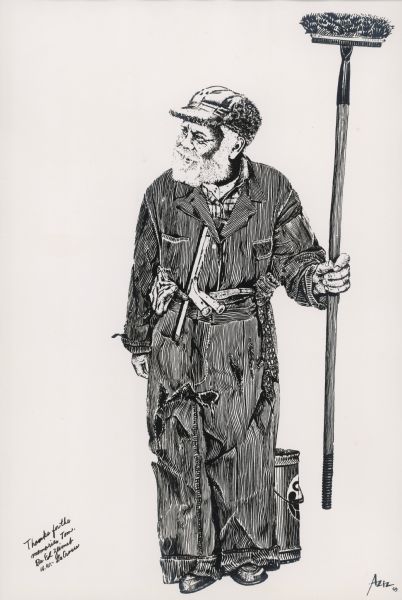 Photographic print of an ink drawing of James "John" Adams Riley aka Snowball. He is pictured wearing a striped coverall and billed cap. Gloves and window washing squeegees are tucked in his belt. He is holding a broom in one hand and a bucket rests behind his feet.