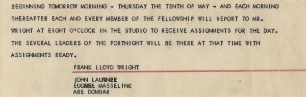 A notice to the Fellowship from Frank Lloyd Wright, John Lautner, Eugene Masselink, and Abe Dombar.