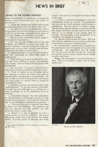A magazine article titled, "Advice To The Young Architect," featuring a photograph of Frank Lloyd Wright.