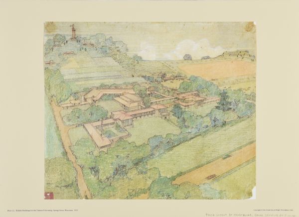 A color drawing of hillside buildings for the Taliesin Fellowship.