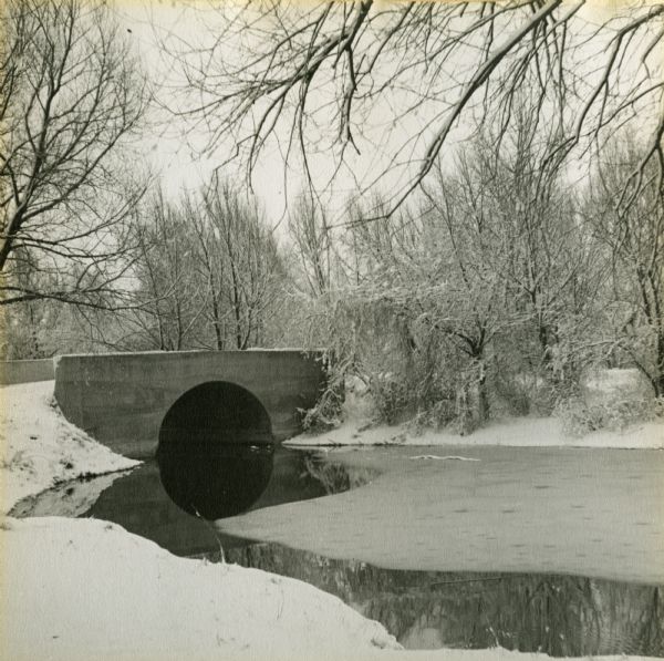 View from snowy shoreline towards a bridge over Wingra Creek, between Lake Wingra and Lake Monona, in Vilas Park. The road over the bridge leads into the University of Wisconsin-Madison Arboretum.