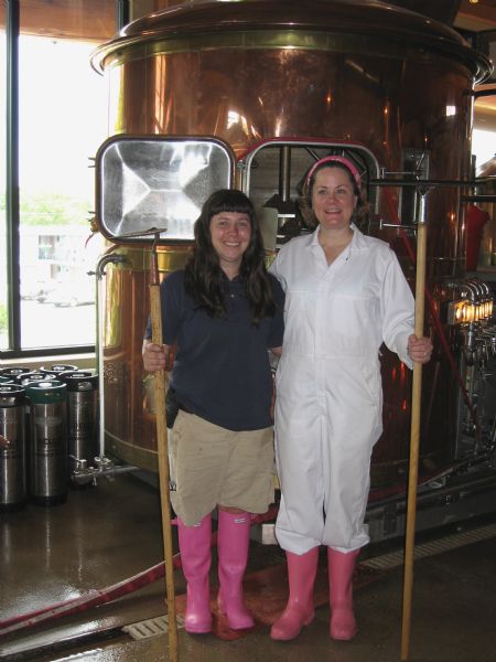 Jamie Baertsch, Wisconsin's first female brewmaster (left) and Teri Fahrendorf (right), founder of the Pink Boots Society, in front of the brew kettles at the Wisconsin Dells Brewing Co. in 2006.<p>Fahrendorf, a Portland, Oregon brewmaster and Wisconsin native, visited  Baertsch at the Wisconsin Dells Brewing Co., and by coincidence, they were both wearing pink boots that day. Fahrendorf and Baertsch founded the Pink Boots Society in 2007 to provide training and career support for women in the brewing industry. Since its founding, the Society has established chapters across North America and in foreign countries including New Zealand, Australia, Chile, Spain, and Hong Kong. The group presents conferences and seminars and provides scholarships for more advanced training.</p>