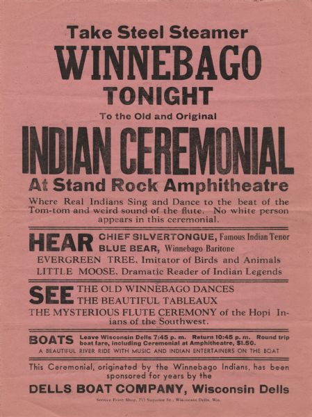 Poster advertising the Indian Ceremonial at Stand Rock Amphitheatre.