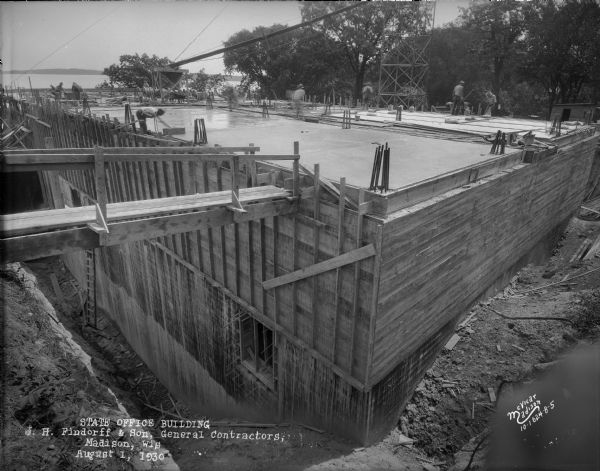 Basement and ground floor of State Office Building, 1 W. Wilson Street, under construction. View toward Lake Monona.