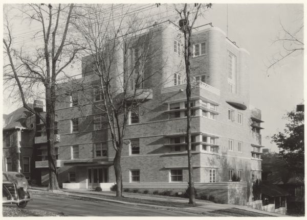 A view of the Quisling Towers Apartments, 1 E. Gilman Street, constructed for Abraham Quisling. The architectural style is called Streamline Moderne. In 1993, it was designated a landmark by the Madison Landmarks Commission.