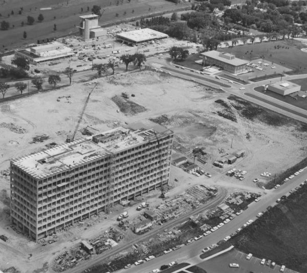 Aerial view of the Hill Farms State Office Building, 4802 Sheboygan Avenue, during construction.