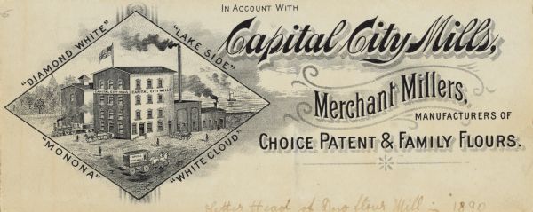 Dow Flour Mill letterhead, with an engraving of the mill building, with a locomotive, a ship on the lake, and the dome of the Wisconsin State Capitol.