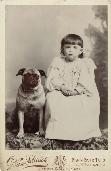 Full-length studio portrait in front of a painted backdrop of a dark haired girl and her pug dog. She is sitting and wearing a long, light-colored dress, and has her hands clasped in her lap. The dog is sitting next to her on the left. A patterned cloth is beneath them.