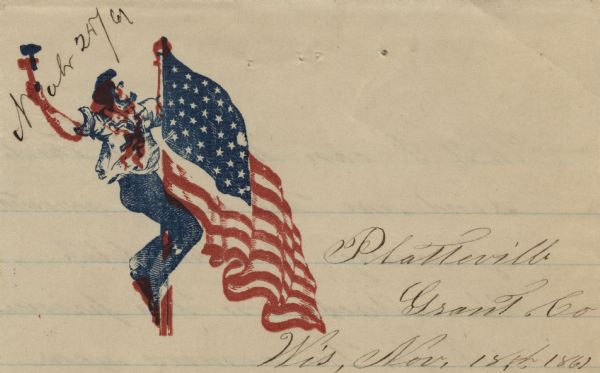 Letterhead of midshipman using a hammer for nailing the American flag to the mast, a symbol that they will not lower the flag in surrender. 4 page, folded, on lined paper. Illustration printed in red and blue ink in upper left corner. The two colors were printed out of register.