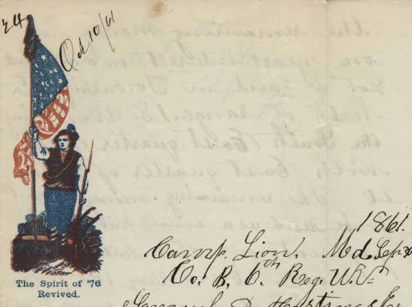 Letterhead of a Revolutionary War soldier standing and holding up the American flag in his right hand, and holding a rifle in his left hand. A plow is behind him. Words printed under the illustration read: "The Spirit of '76 Revived." 4 page, folded, red and blue ink. Illustration is printed in the upper left.