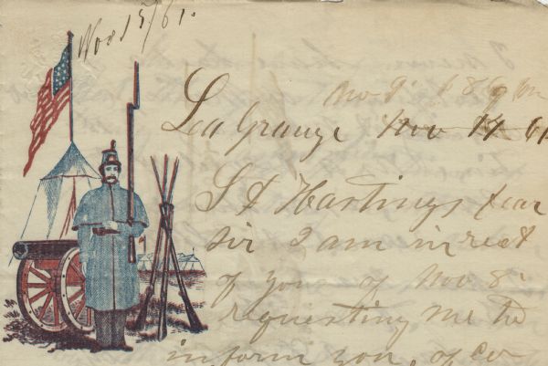 Letterhead with a soldier standing guard with a rifle under his right arm. He is standing in front of a cannon, a stack of rifles, and a camp. The American flag is flying from the largest tent. Illustration  printed in the upper left in red and blue ink.
