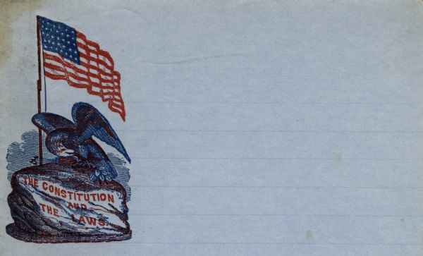 Letterhead on blue paper of an eagle holding arrows, sitting on top of a rock next to the American flag. Text printed on the rock reads: "The Constitution and The Laws." Image printed in the upper left, red and blue ink on light blue lined paper.