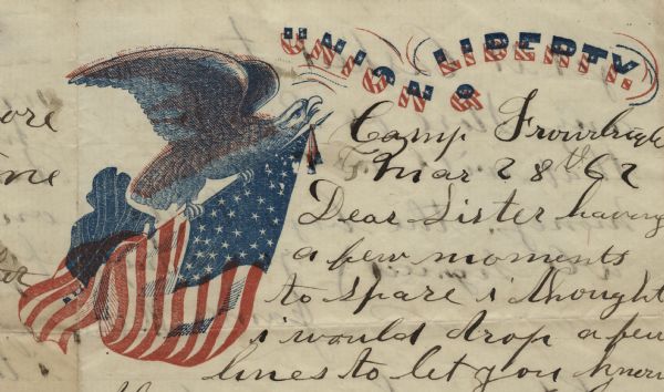 Letterhead with a bald eagle carrying the American flag with its talons. The text above the eagle reads: "Union & Liberty." 4 page, folded, printed in red and blue ink. The colors are mis-registered.