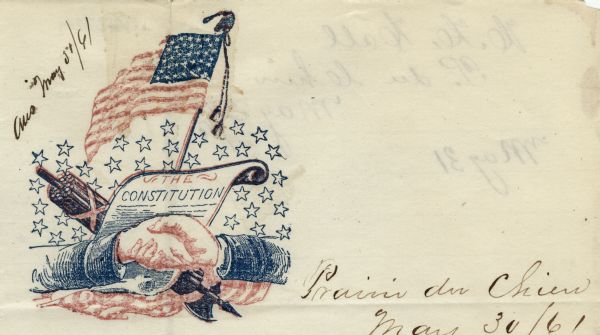 Letterhead of two hands clasping in front of the American Constitution. The American flag, stars and a fasces are behind the constitution with bunting below. Image printed in the upper left corner in red and blue ink.