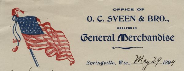 Letterhead for O.C. Sveen & Bro., featuring an image of the American flag on the left. Text reads: "Office of O.C. Sveen & Bro., Dealers in General Merchandise, Springville, Wis.,.......189 ." Printed in red and blue ink at the top with light blue lines for writing.