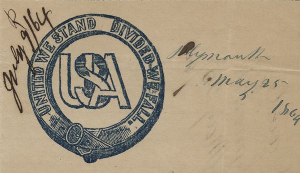 Letterhead of a belt looped in a circle around interlocking letters reading: "USA." Text printed on the belt reads: "United We Stand, Divided We Fall." Illustration printed in upper left corner in blue ink.