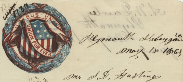 Letterhead with a wreath around the American shield. The text behind the shield, partially obscured, reads: "E Pluribus Unum." A banner hanging on the shield reads: "Union Forever." Illustration printed in the upper left corner in blue and red ink.