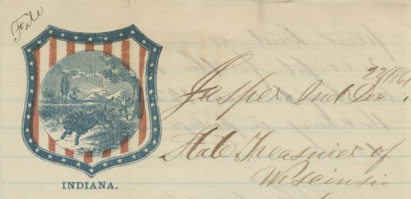 Letterhead with the seal of Indiana. The seal has a star spangled border with red stripes. Inside the seal is a circular landscape scene of a man chopping down a tree on the right, and a bison running in the foreground. 4 page, folded, illustration printed in the upper left corner in red and blue ink on lined paper.