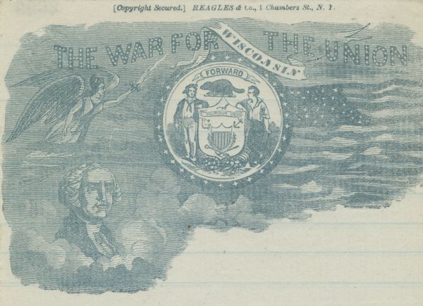 Letterhead featuring the seal of Wisconsin surrounded by clouds with the words: "The War for the Union" printed above it, and a banner that reads: "Wisconsin." To the right of the seal is the American flag. To the left is a Winged Victory holding a sword, and at bottom left is a head and shoulders portrait of George Washington. 4 page, folded, illustration printed at the top in blue ink on lined paper.